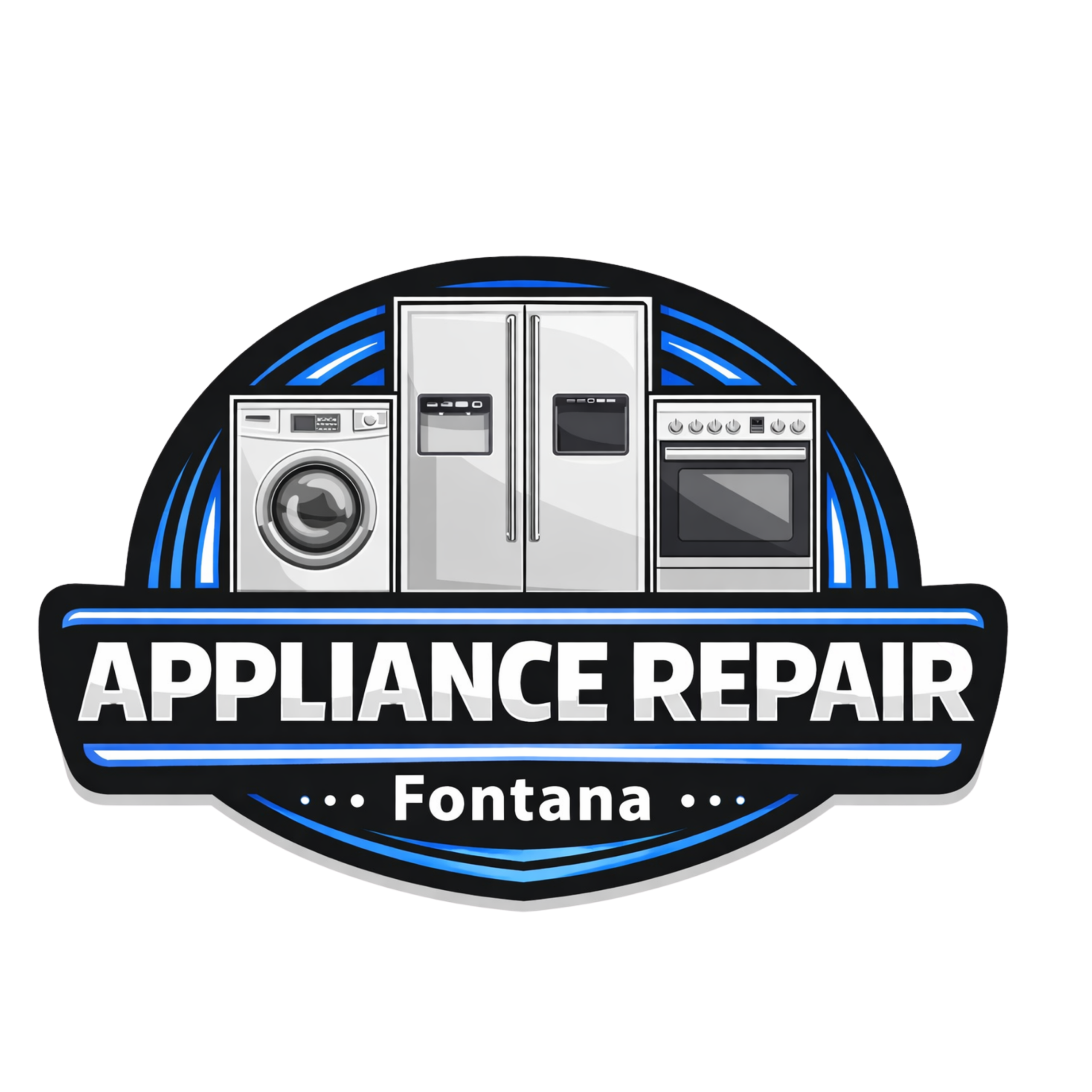 Appliance Repair in Fontana CA logo showing refrigerator washer and oven services