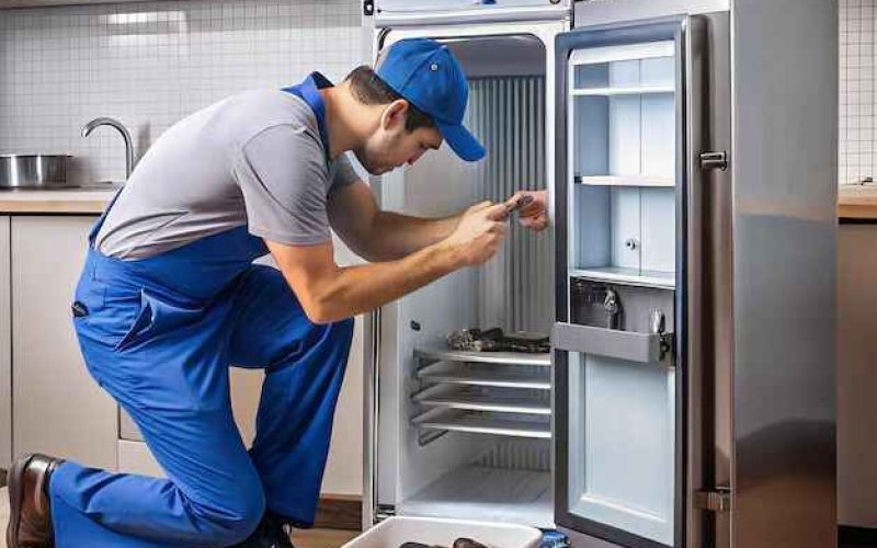 Technician repairing a refrigerator in a home kitchen in Fontana CA