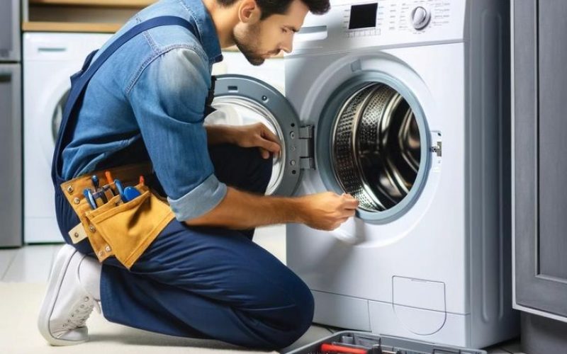 Washing machine repair service in Fontana California by professional technician fixing washer at home